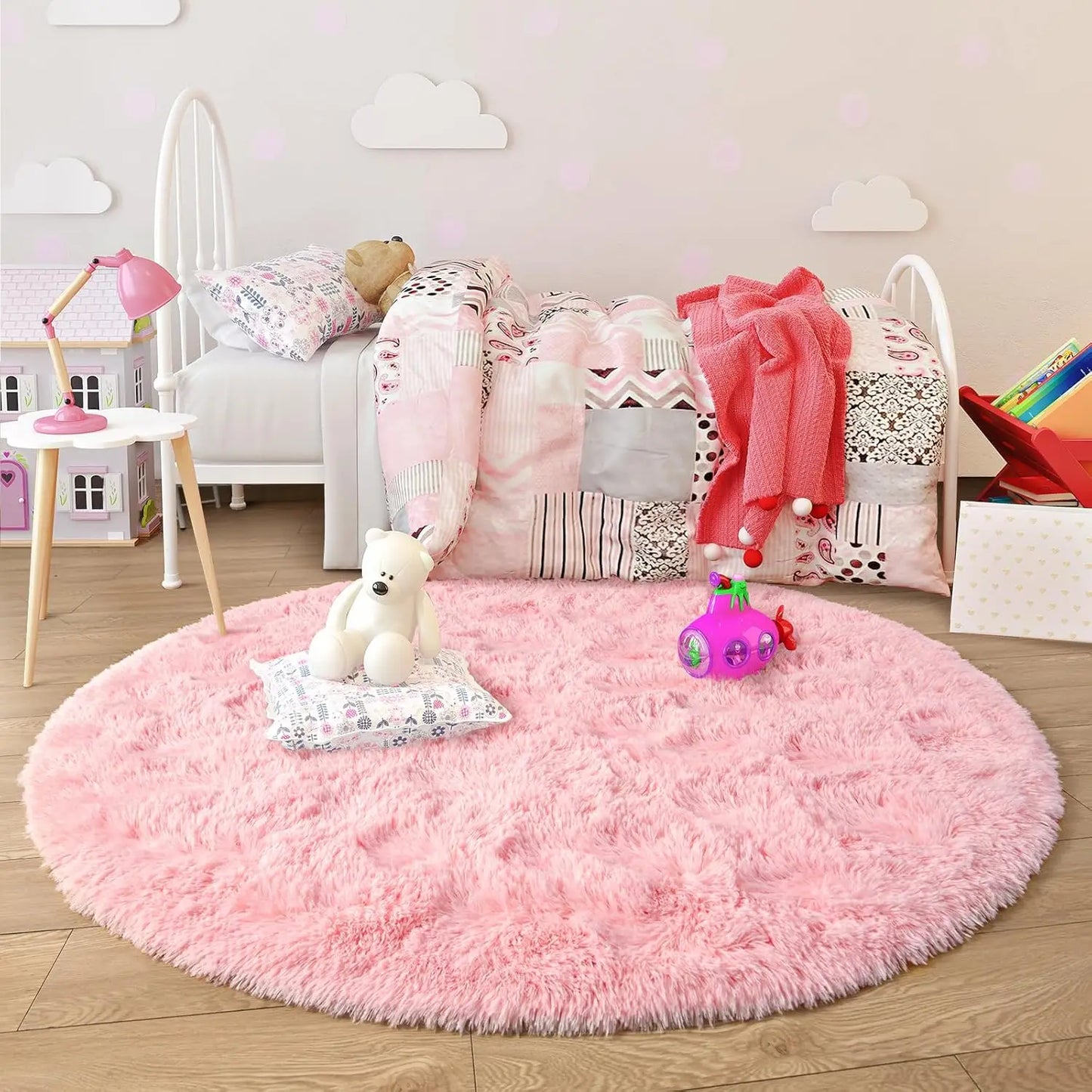 VIKAMA Pink Round Fluffy Princess Kids Area Rug
