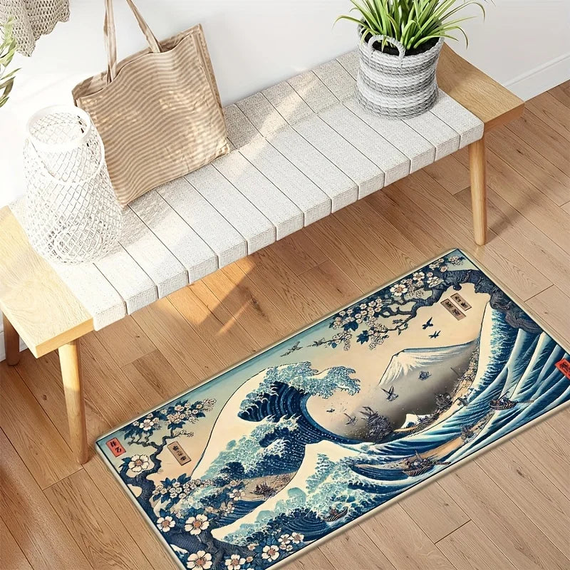 VIKAMA Retro Japanese Ukiyo-e Wave Design, Non-Slip And Dirt-Resistant Rug, For Kitchen, Entrance, Living Room Carpet Home Decor