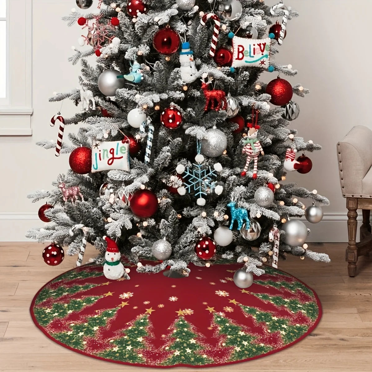VIKAMA Snowflake Pine Christmas Tree Skirt Rug