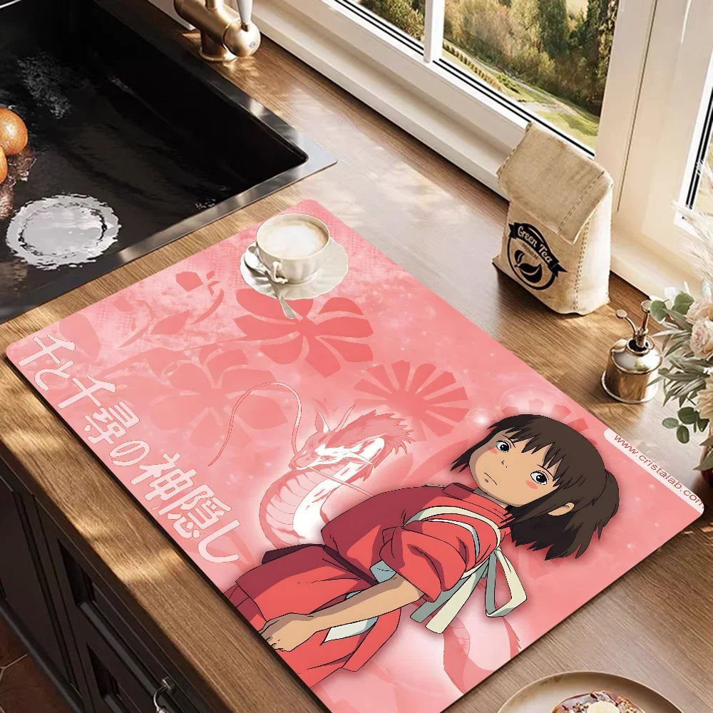 VIKAMA Anime Diatomite Dish Drying Mat Quick-Dry Non-Slip Kitchen Coffee Machine Drain Rug Home Decor