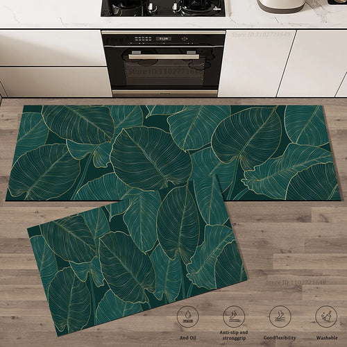 Green Leaves Kitchen Mat Absorbent Non-Slip Washable Rug Bathroom Entrance Doormat Large Carpet Home Decor