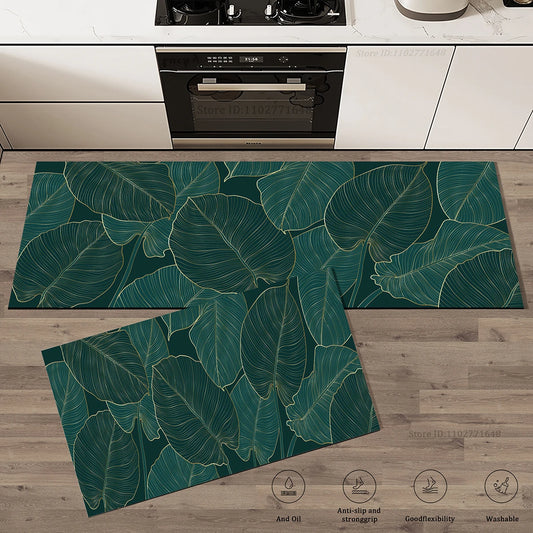 Green Leaves Kitchen Mat Absorbent Non-Slip Washable Rug Bathroom Entrance Doormat Large Carpet Home Decor