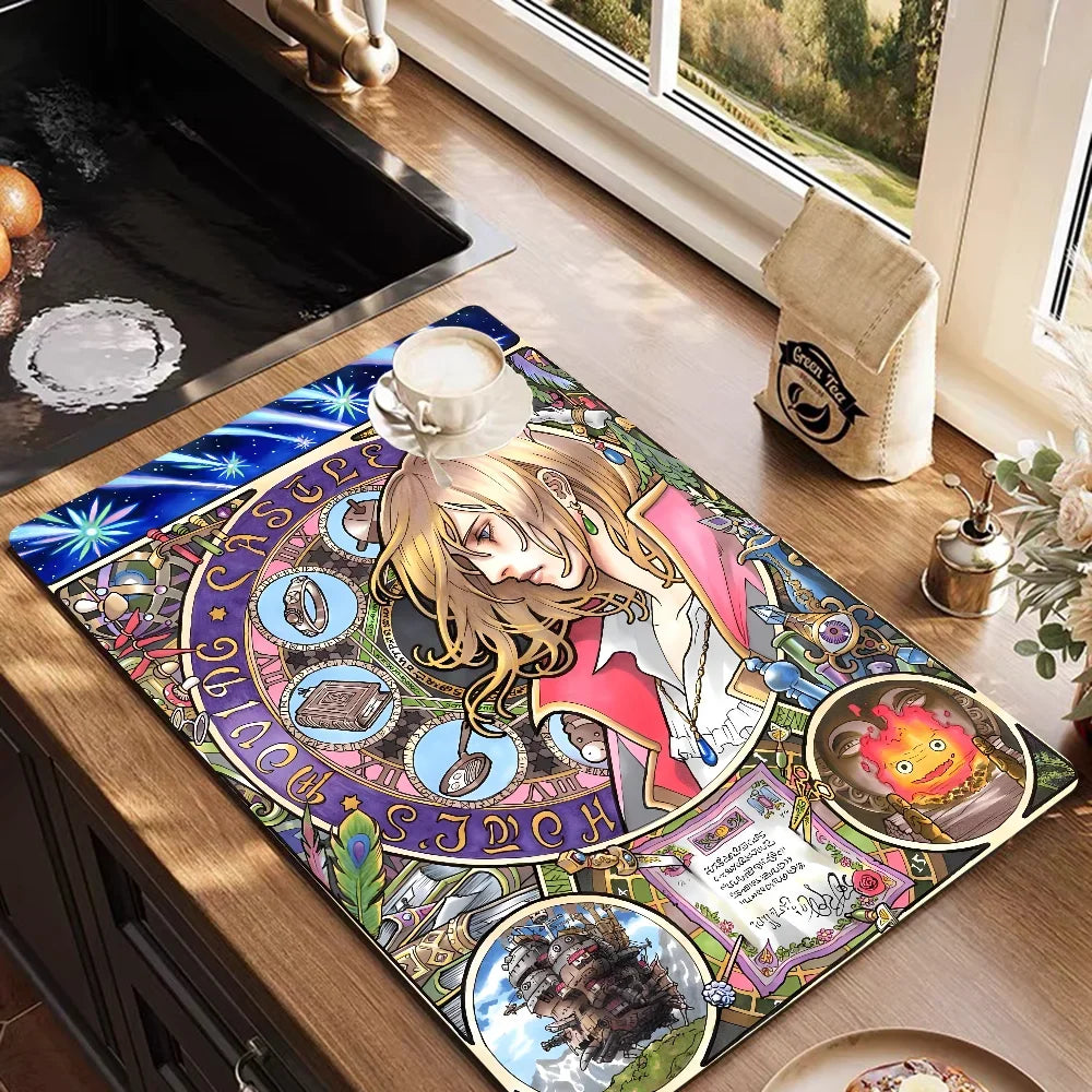 VIKAMA Anime Diatomite Dish Drying Mat Quick-Dry Non-Slip Kitchen Coffee Machine Drain Rug Home Decor