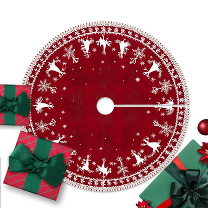 VIKAMA Christmas Tree Skirt Festive Red Reindeer Snowflake Family Living Room Christmas Tree Skirt Mat Christmas Decoration