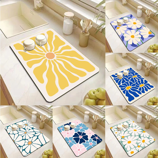 Abstract floral absorbent kitchen drying mat