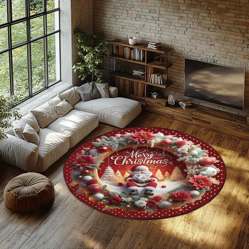 Christmas Santa 3D Round Rug Illusion Printed Carpet Xmas Tree Living Room Holiday Decoration Rug