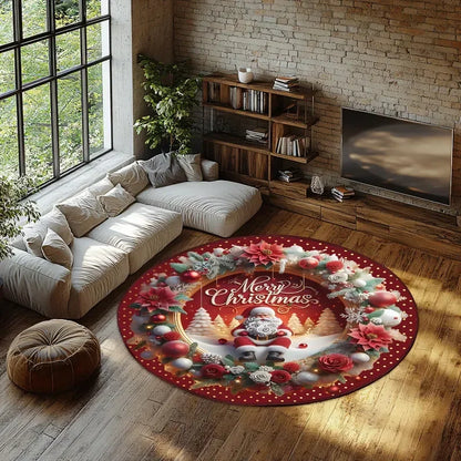 Christmas Santa 3D Round Rug Illusion Printed Carpet Xmas Tree Living Room Holiday Decoration Rug