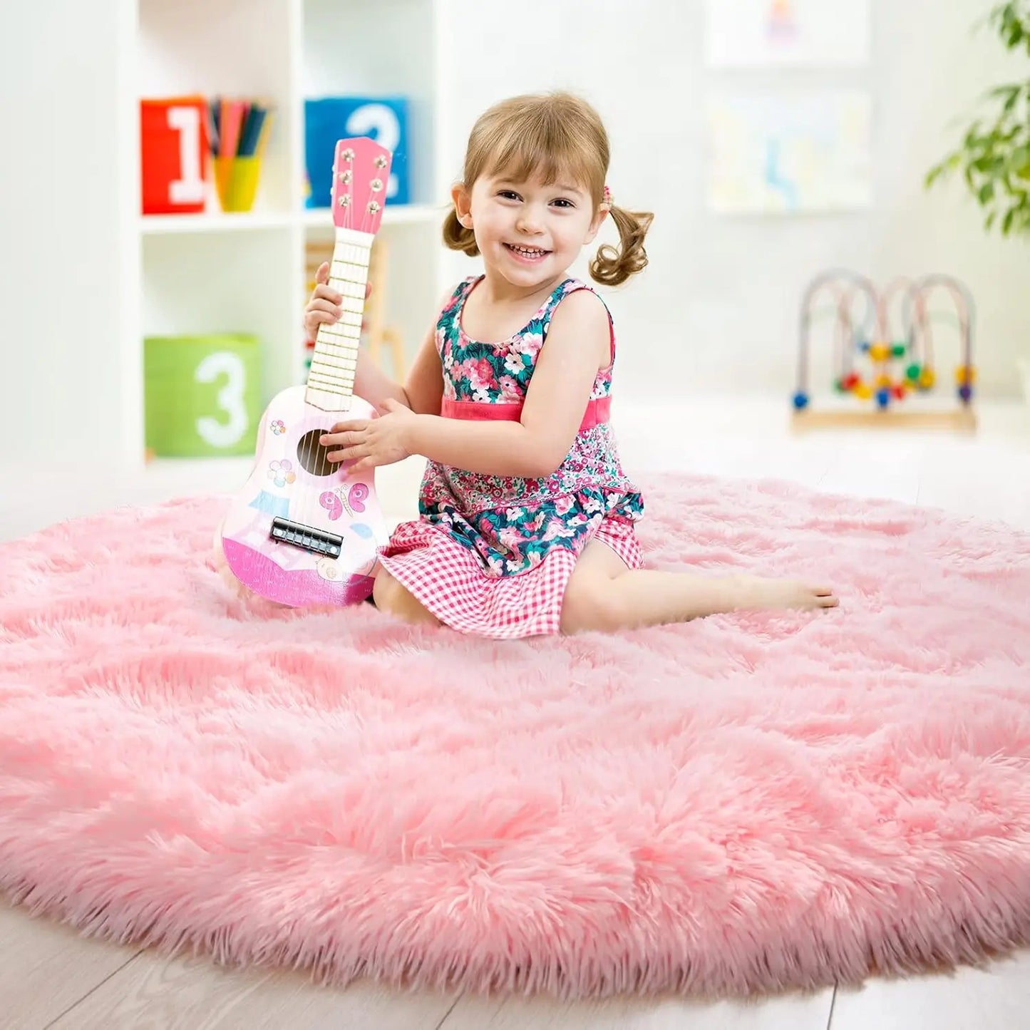 VIKAMA Pink Round Fluffy Princess Kids Area Rug