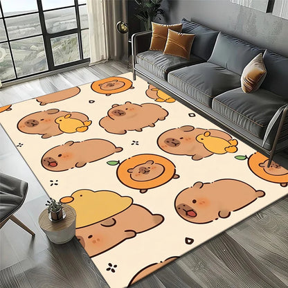 Cute Capybara Cartoon Rug Lucky Heart Pattern Non-Slip Carpet Kids Room Living Room Home Decor Playful Animal Mat