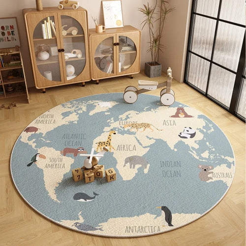 VIKAMA Cartoon World Map Round Non-Slip Area Rug