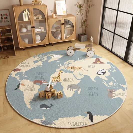 VIKAMA Cartoon World Map Round Non-Slip Area Rug