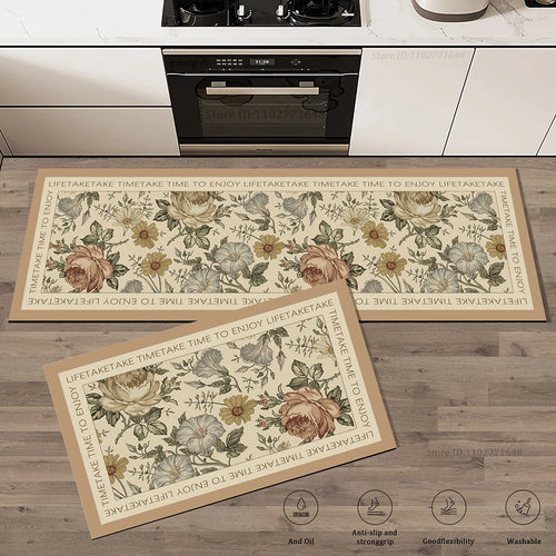 Floral Pattern Kitchen Rug Extra Thick Absorbent Non-Slip Doormat Anti-Fatigue Mat Bathroom Entrance Long Carpet Home Decor
