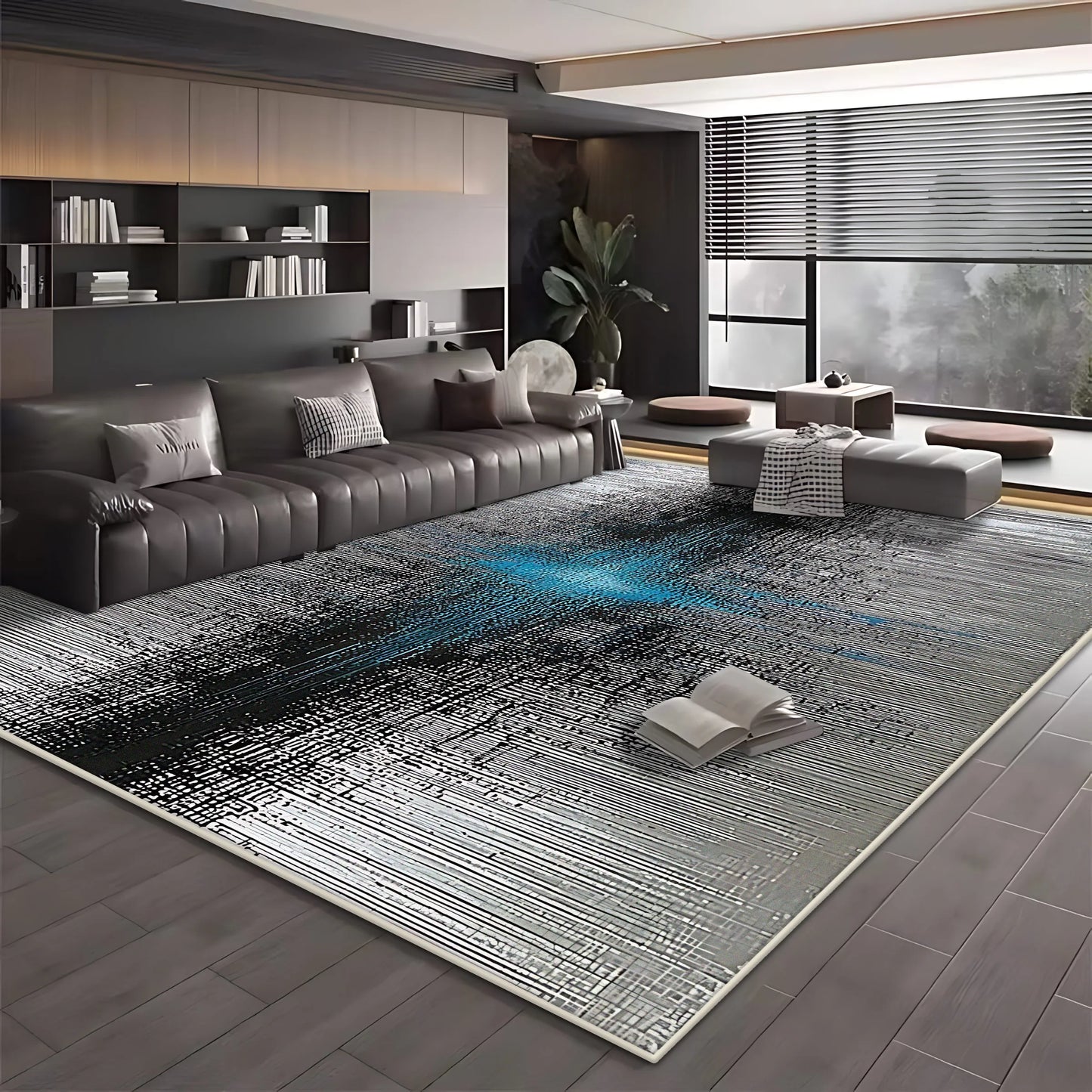 Modern Simple Blue Black Non-Slip Washable Area Rug