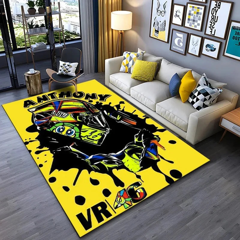 Motorcycle Racer “The Doctor” 46 Racing Carpet Mat Black Yellow Track Design Living Room Rug Home Decor