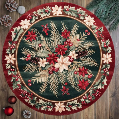VIKAMA Christmas Poinsettia Round Non-Slip Area Rug