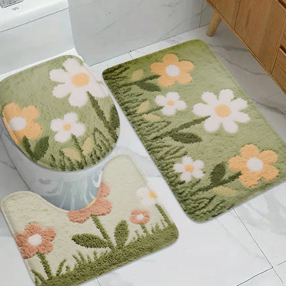 Daisy Flower Printed Floor Mat Set Non-Slip Bathroom Shower Rug Toilet Seat Cushion Door Mat Machine Washable Home Decor