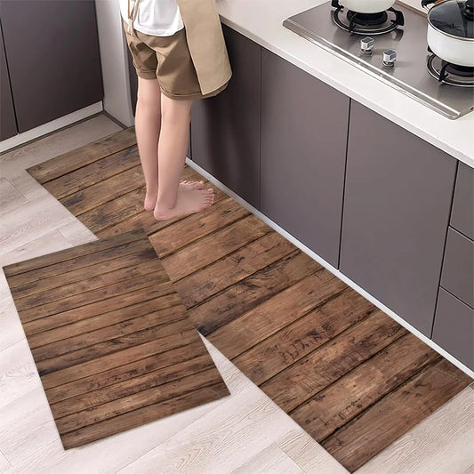 VIKAMA Vintage Wooden Non-Slip Kitchen Floor Mat Set