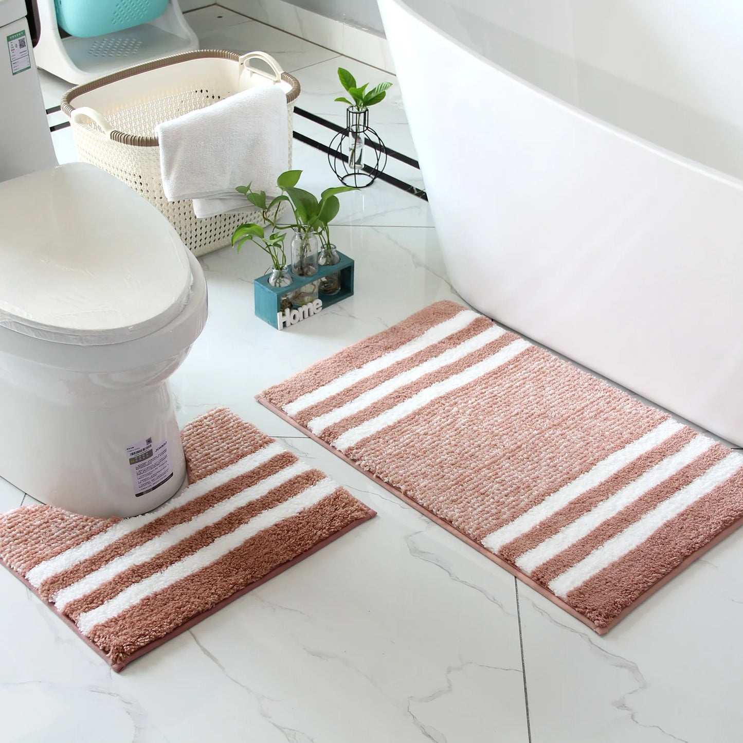 2-Piece Striped Microfiber Bathroom Mat Set Waterproof Non-Slip Quick-Dry TPR Backing Machine Washable Carpet