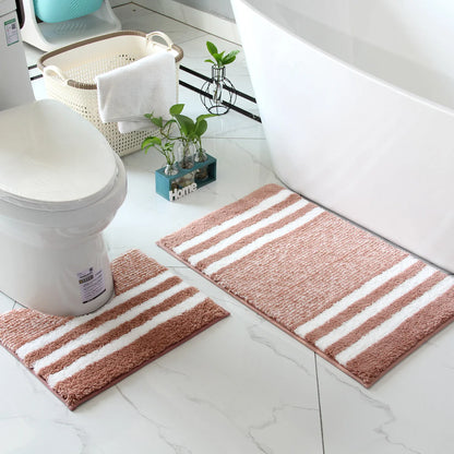 2-Piece Striped Microfiber Bathroom Mat Set Waterproof Non-Slip Quick-Dry TPR Backing Machine Washable Carpet