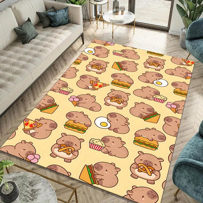Cute Capybara Cartoon Rug Playful Animal Design Non-Slip Carpet Kids Room Living Room Home Decor