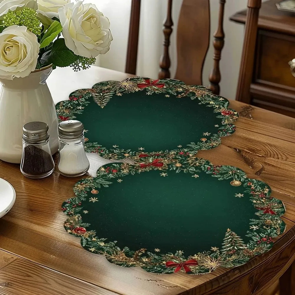 VIKAMA 4-Piece Set Round Christmas Placemats Table Mats Emerald Gold Pattern Festive Placemats Christmas Decor