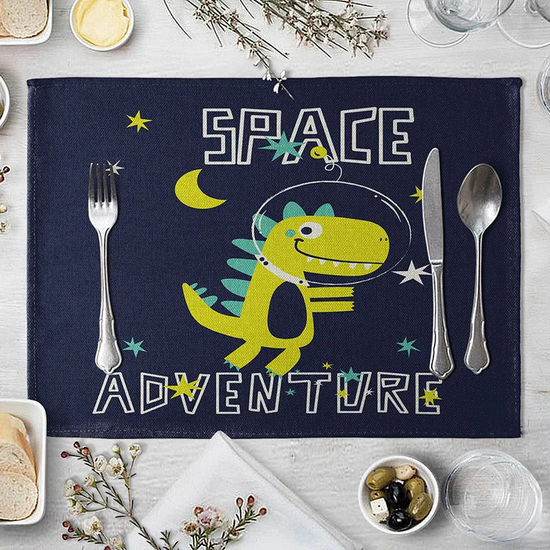 Cartoon Green Dinosaur Cotton Linen Kids Placemat Set