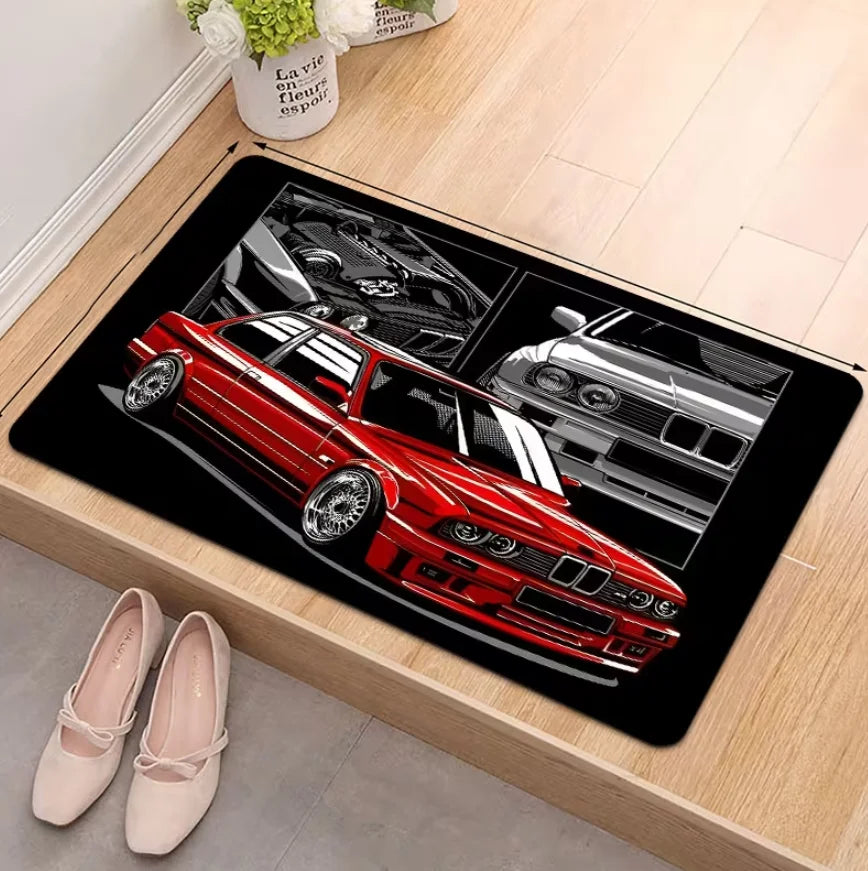 Racing car themed entryway door mat