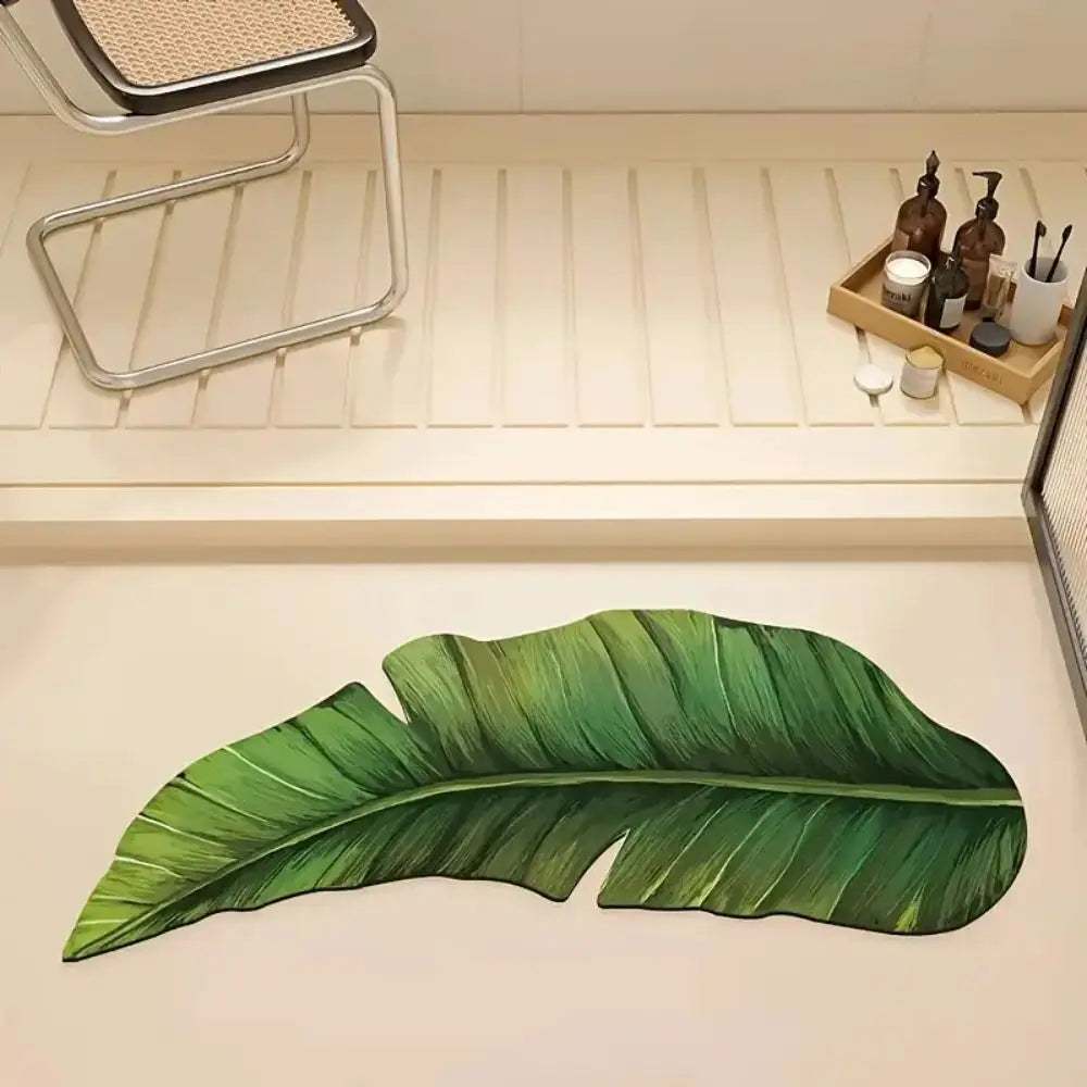 VIKAMA Bath Mat Non-Slip Quick-Dry Absorbent Green Shower Rug Washable Thin Leaf Design