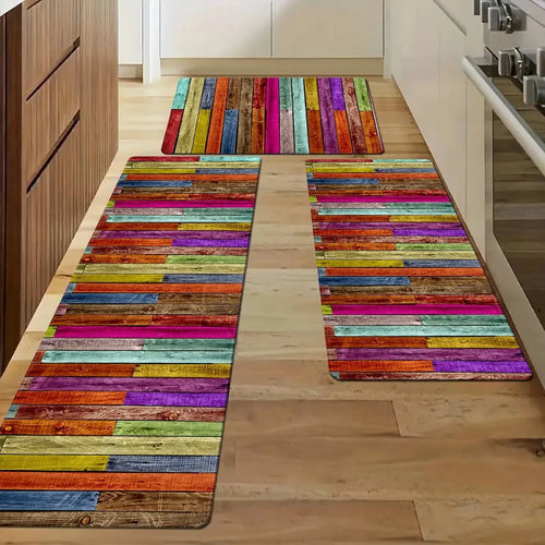 Rainbow Wood Panel Kitchen Floor Mat Non-Slip Area Rug Bathroom Laundry Entry Door Carpet Home Decor