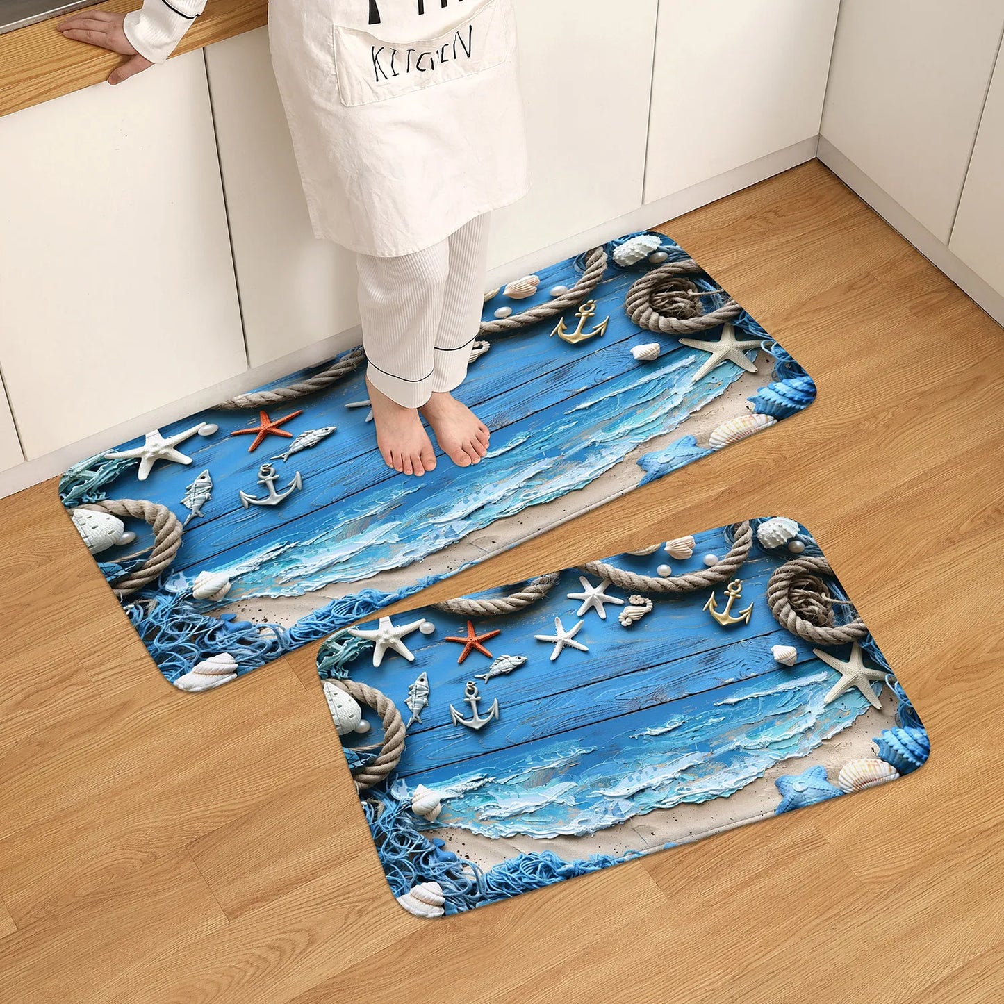 Blue Coast Wood Stripe Rope Starfish Pattern Long Kitchen Floor Mat Machine Washable Bathroom Carpet Kitchen Rug Home Decor