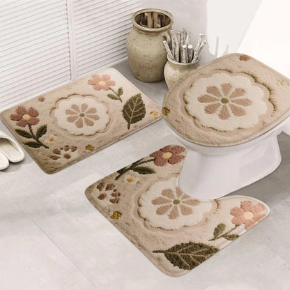 3pcs Korean style home toilet U-shaped floor mat toilet lid mat bathroom door mat absorbent carpet flannel anti slip mat