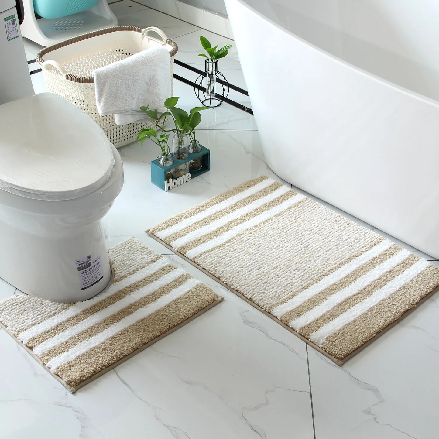 2-Piece Striped Microfiber Bathroom Mat Set Waterproof Non-Slip Quick-Dry TPR Backing Machine Washable Carpet