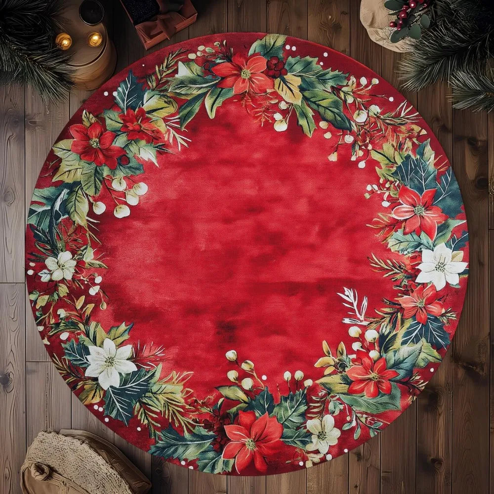 VIKAMA Christmas Poinsettia Round Non-Slip Area Rug