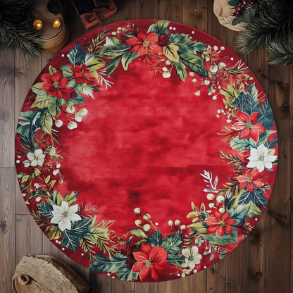 VIKAMA Christmas Poinsettia Round Non-Slip Area Rug