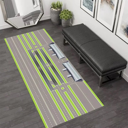 Green airplane runway kids play rug