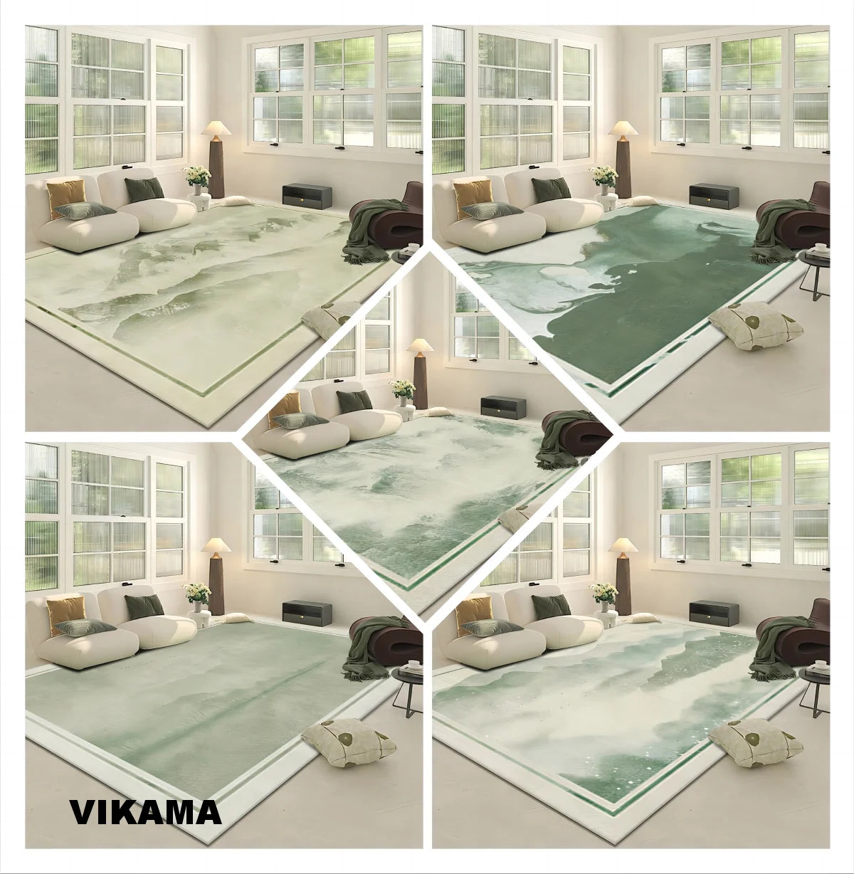 VIKAMA Crystal Pile Green Chinese Style Rug Full Area Bedroom Living Room Bedside Sofa Carpet Home Decor