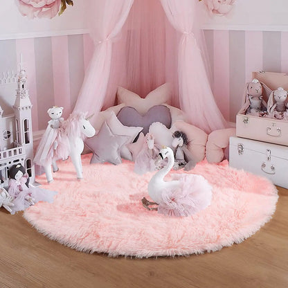 Pink Fluffy Round Girls Area Rug