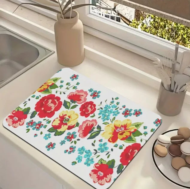 White Floral Absorbent Kitchen Drying Mat