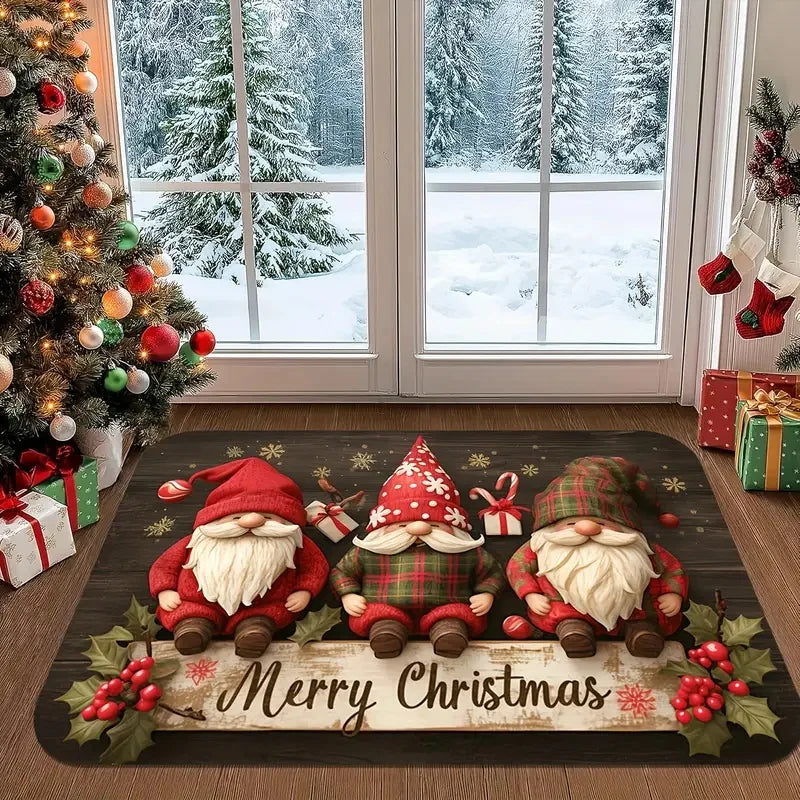 Christmas Gnome Plaid Rug “Merry Christmas” Red Black Checkered Non-Slip Carpet Snowflake Pine Entryway Floor Mat Home Decor