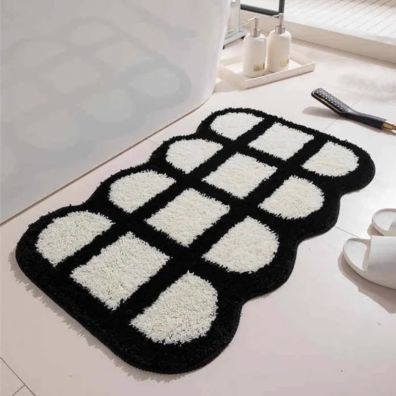 VIKAMA Black White Plush Entry Mat Non-Slip Wear-Resistant Bathroom Door Carpet