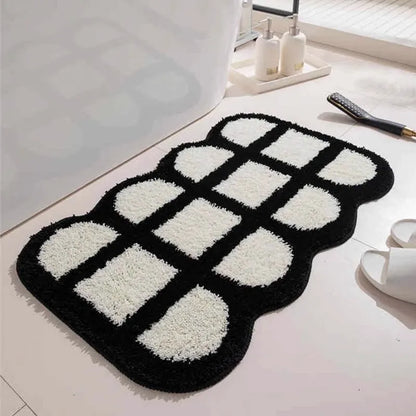 VIKAMA Black White Plush Entry Mat Non-Slip Wear-Resistant Bathroom Door Carpet
