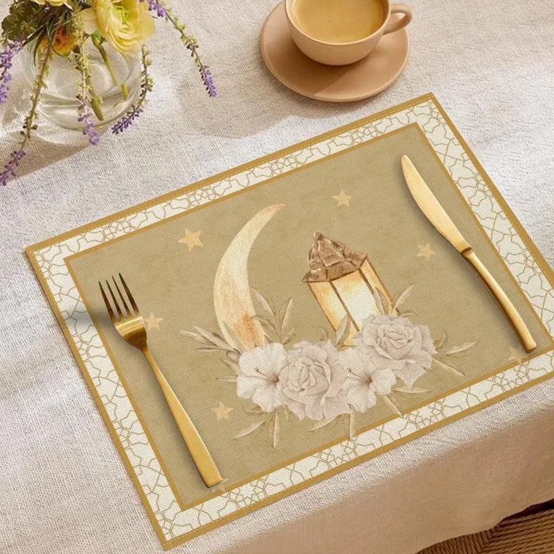 Moon Oil Lamp Print Linen Placemat Heat-Resistant Anti-Scald Table Mat Festive Western Tableware Decor