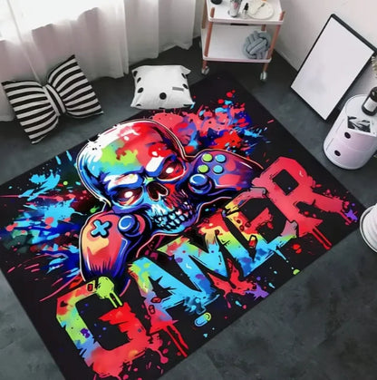 Gaming Player Flannel Floor Mat Halloween Controller Pattern Non-Slip Carpet Game Room Atmosphere Rug Home Decor