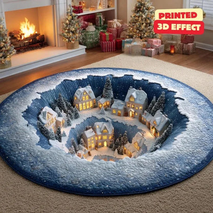 Christmas Round Carpet Blue Snow 3D Printed Non-Slip Rug Living Room Holiday Party Decor Christmas Gift
