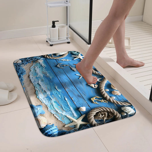 Blue Coast Wood Stripe Rope Starfish Pattern Long Kitchen Floor Mat Machine Washable Bathroom Carpet Kitchen Rug Home Decor