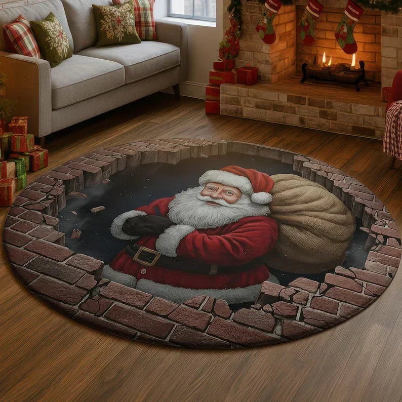 Christmas Santa 3D Round Rug Illusion Printed Carpet Xmas Tree Living Room Holiday Decoration Rug