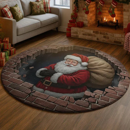 Christmas Santa 3D Round Rug Illusion Printed Carpet Xmas Tree Living Room Holiday Decoration Rug