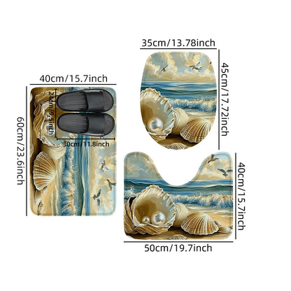 Washable 3-Piece Bathroom Rug Set Non-Slip Ocean Theme Flannel Shell Print Toilet Mat Bathtub Foot Pad Door Rug Home Decor
